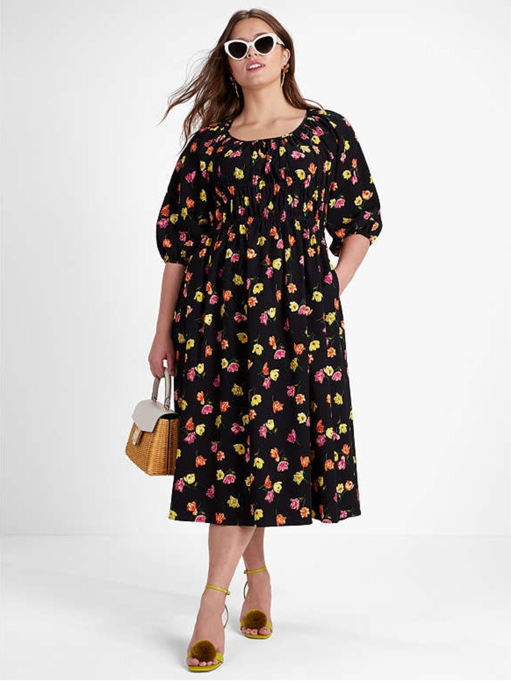 Kate Spade Tulip Toss Rivera Black Floral Puff-Sleeve Midi Dress